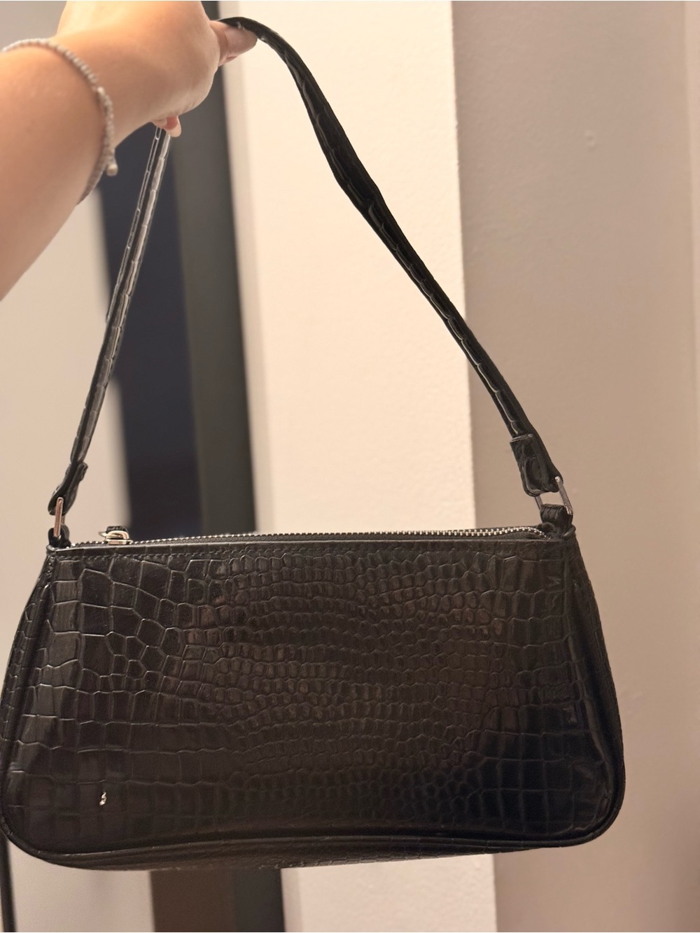 Black Croc-Embossed Shoulder Bag